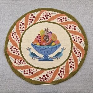 Vintage Handmade Greek Embroidered Peacock / Fruit Round Pillow Cover 19"